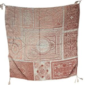 Johnny Was Silk Patchwork Tile Print Square Scarf Tassels Rose Terracotta Large